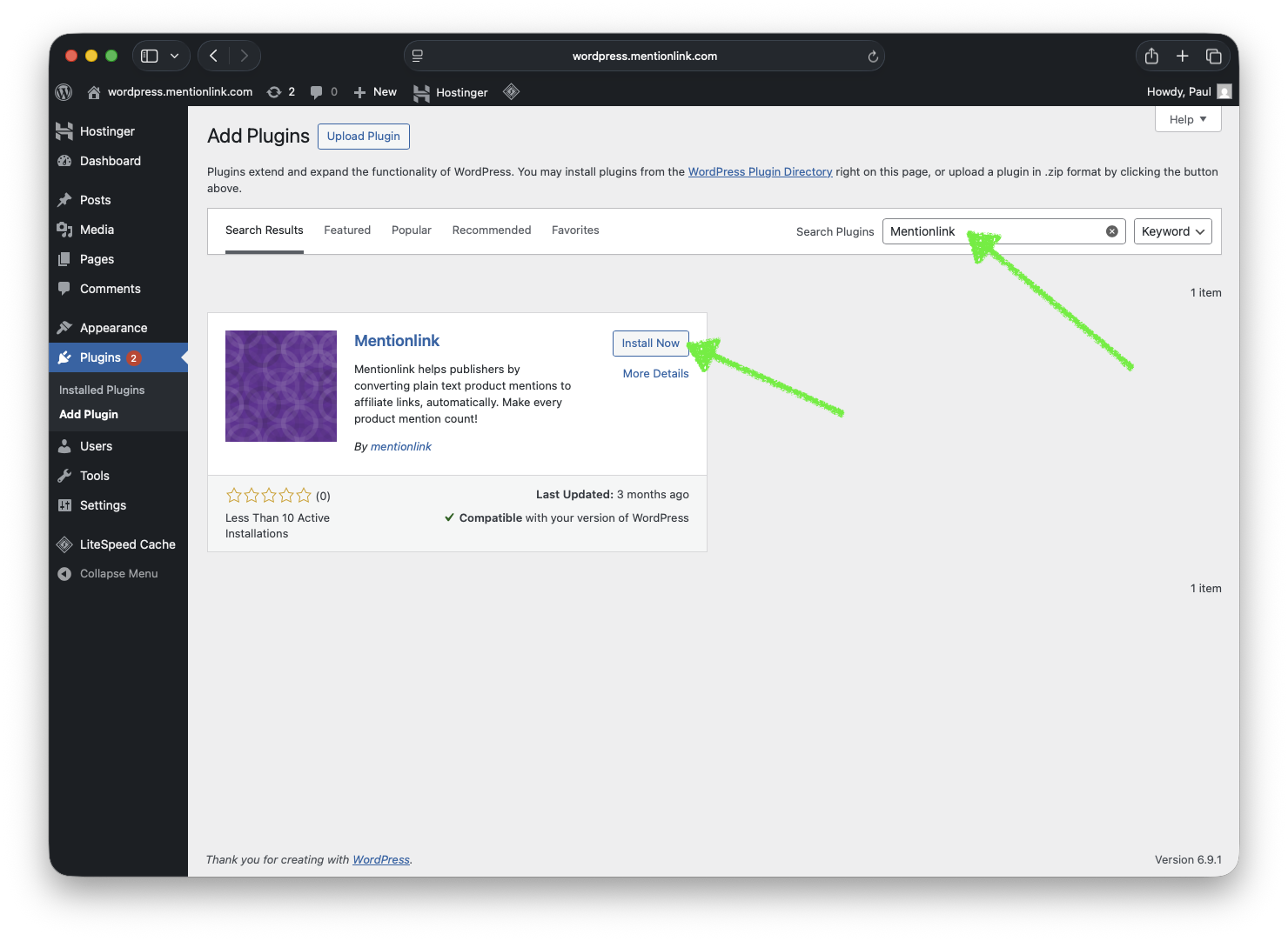 Search for Mentionlink and then click on the Install Now button