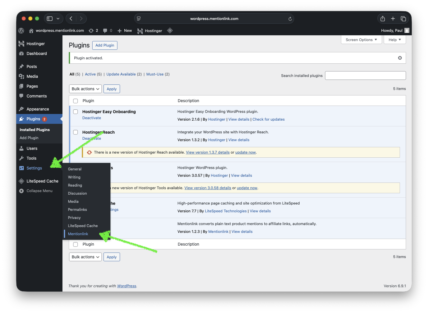 Hover over the Settings menu item and then click on the Mentionlink menu item